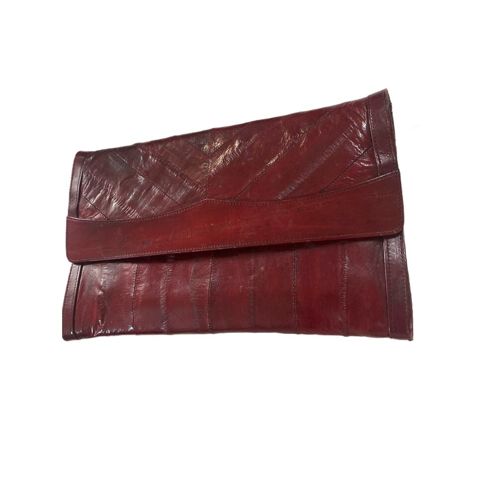 Vtg Eel Oxblood Red Leather Patchwork Clutch - image 2